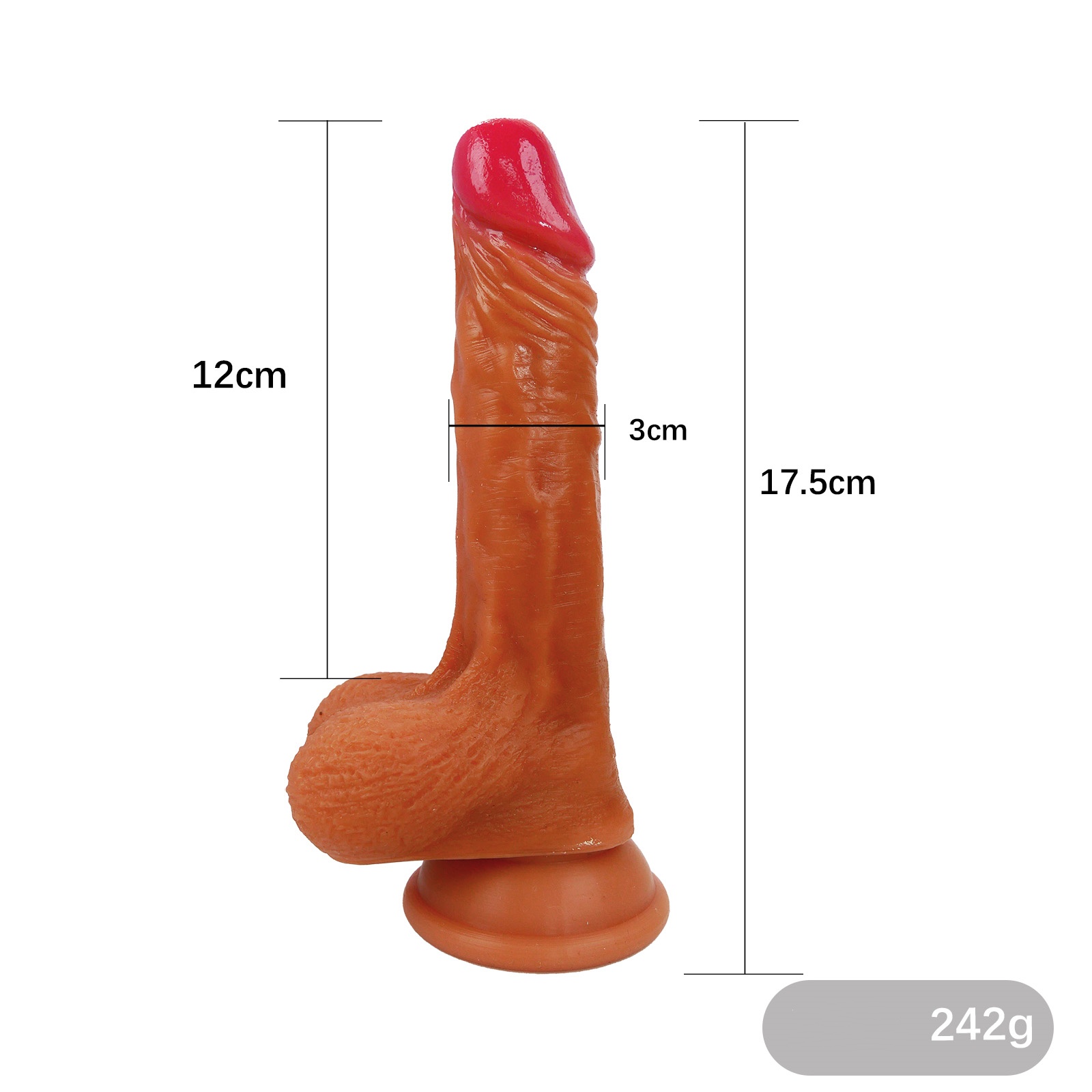 Realistischer Dildo leicht braun mit Saugnapf – 17,5 cm Gesamtlänge, 12 cm einführbar, naturgetreu, mit Adern & Hoden, hautfreundliches Silikon, flexible Struktur, 3 cm Durchmesser